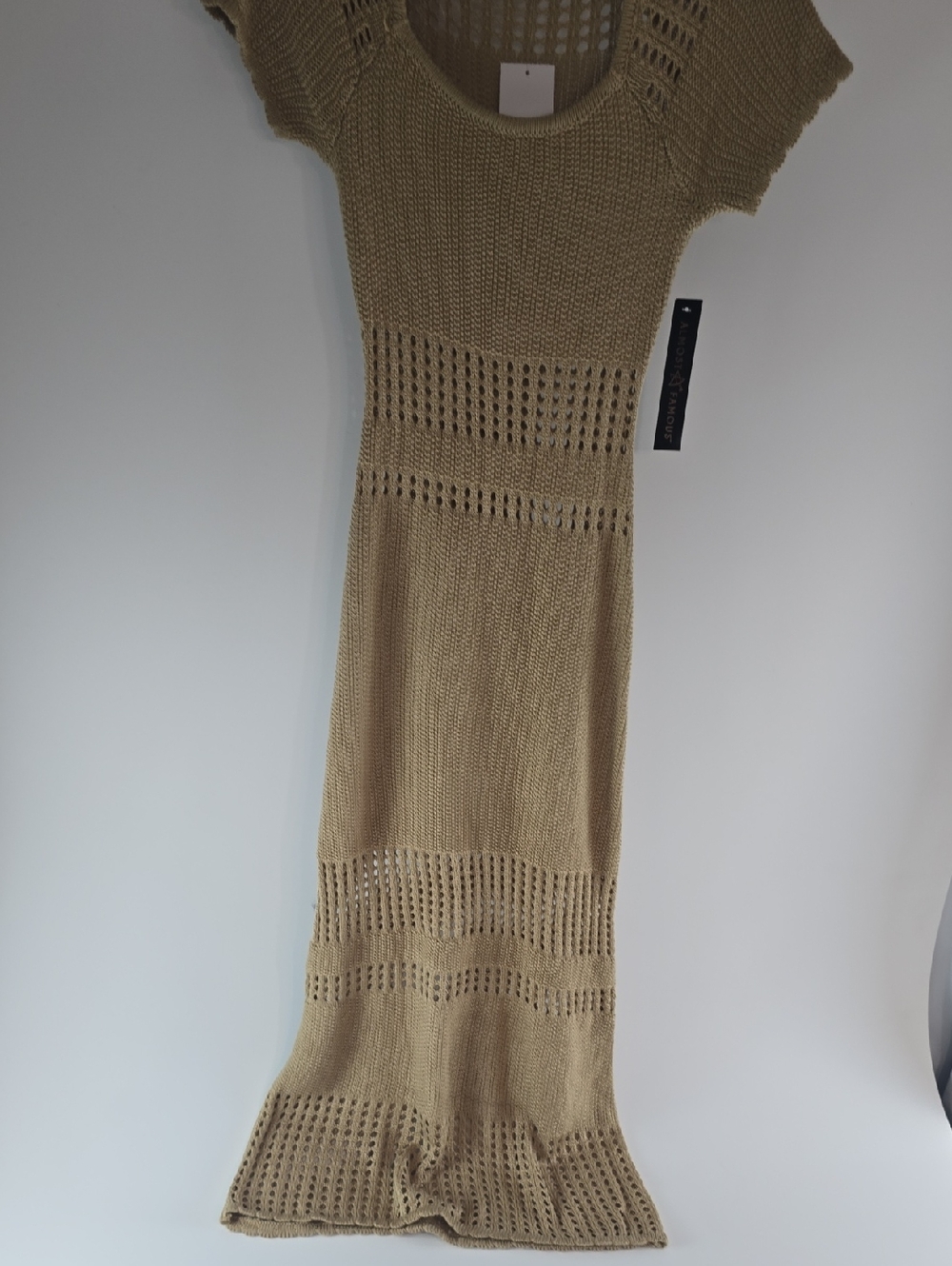 Almost Famous Tan Open-Knit Scoop Neck Sweater Dress, Small